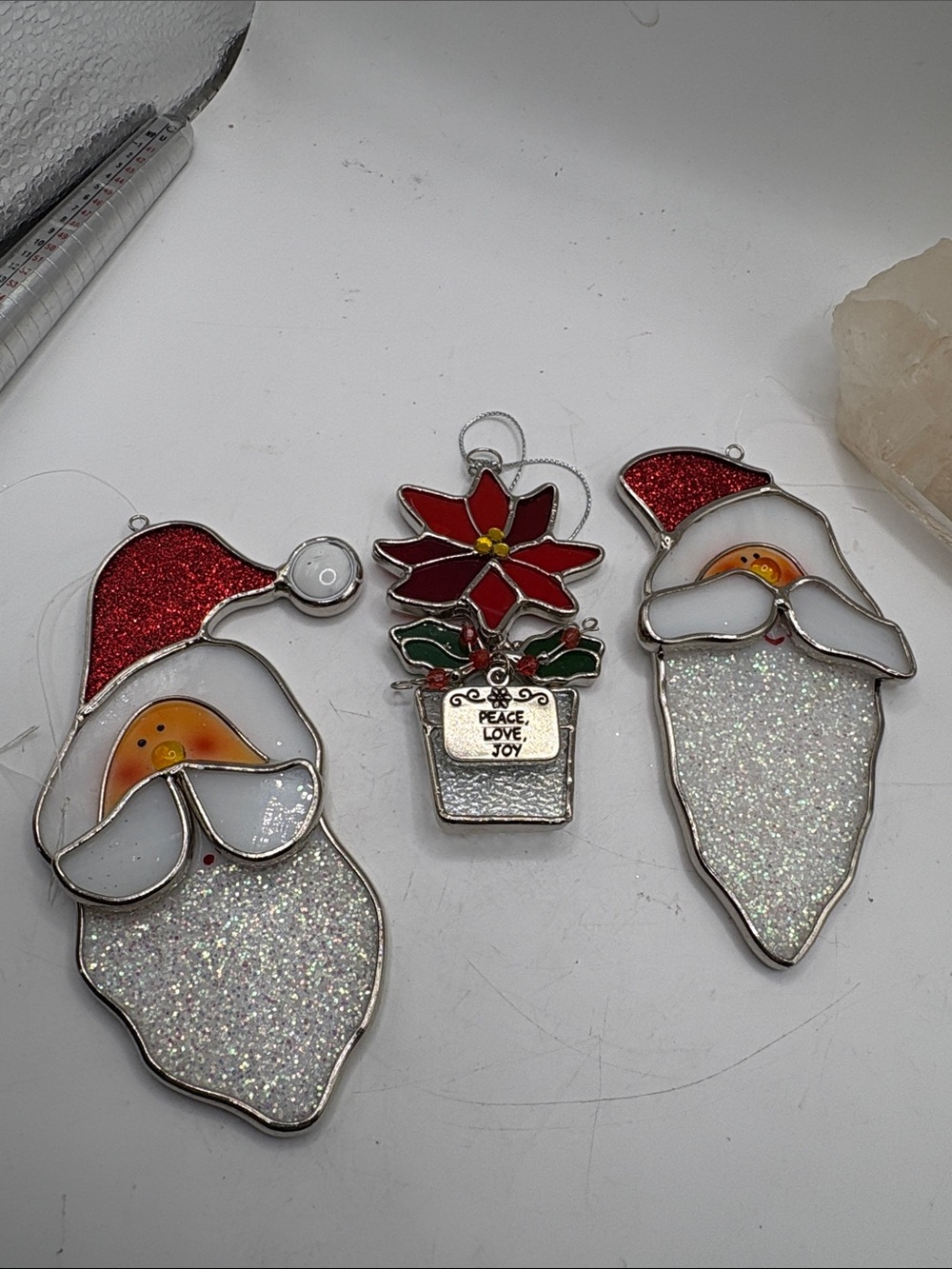 Holiday Santa & Poinsettia Stained Glass Ornaments - Red, White